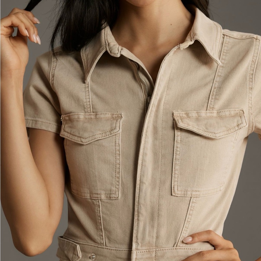 Good American Tan Utility Jean Dress with zip up and buttons. Size Medium - Picture 2 of 11